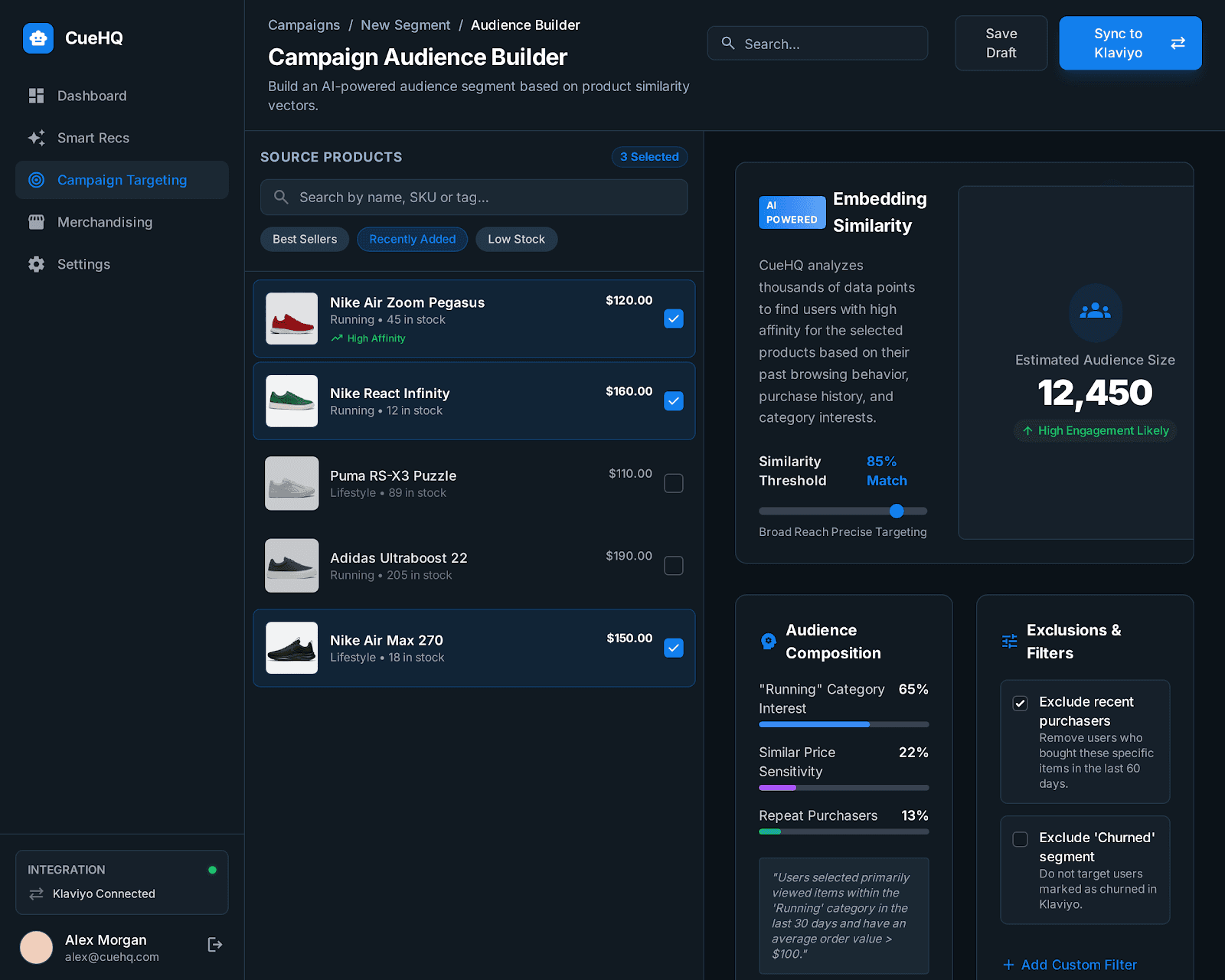 CueHQ Campaign Audience Builder showing product selection, embedding similarity matching, and audience composition